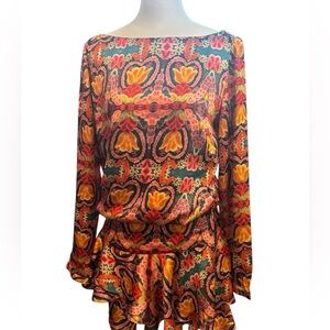 PatBo Silk Mini Ruffle Dress Button And Zipper Side Closure Size 38. Colorful